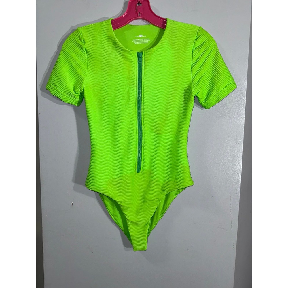 Toast Swim Surf One Piece Swimsuit front zip‎ short sleeve electric green small